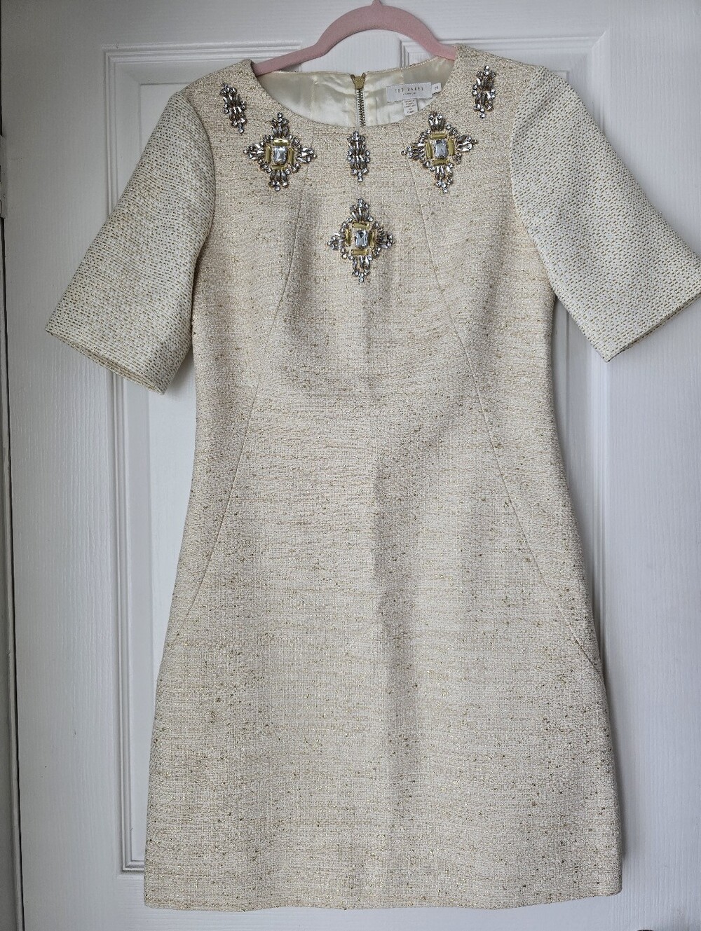 Ted Baker Yara Embellished Tweed Dress Ivory Gold Jeweled
